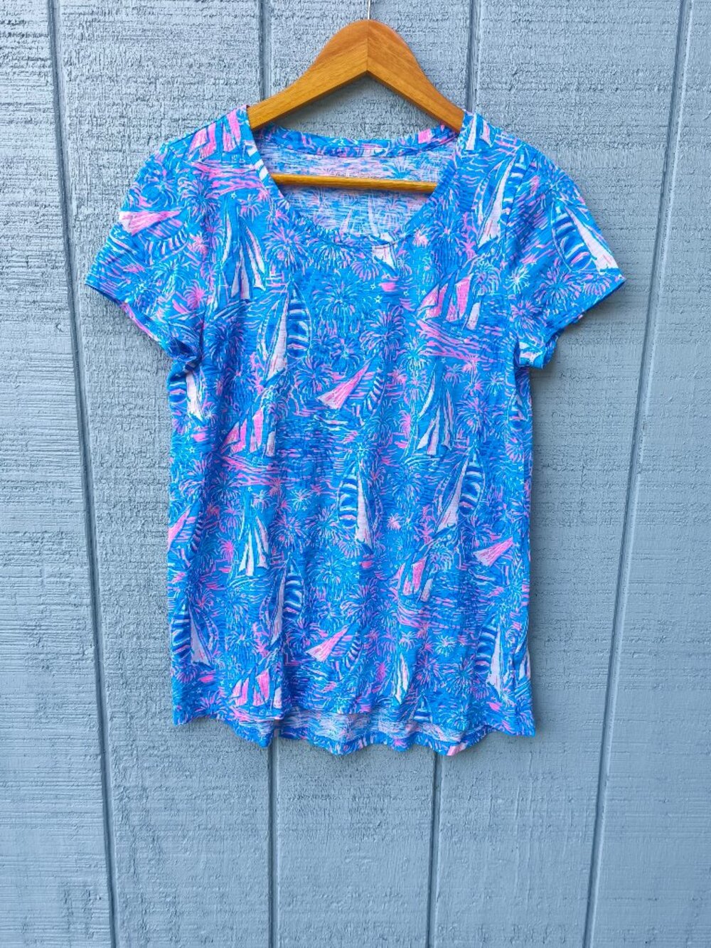 Lilly Pulitzer Etta Tee 100% Cotton Slub It's a Sailabration Boca Blue sz S